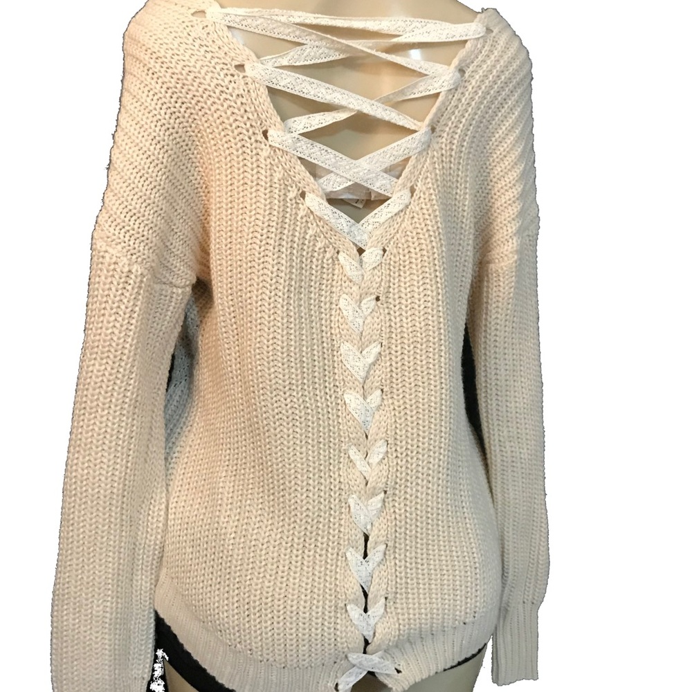 American Rag ivory crochet lace up back sweater S
